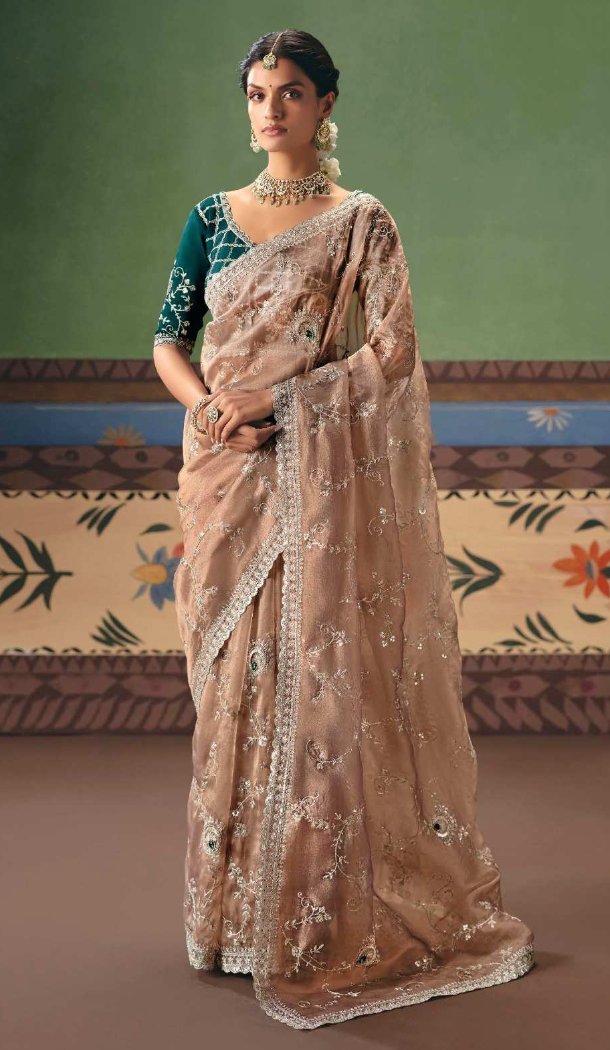 Beige Designer Saree with Sequin, Pearl & Embroidery - 218288