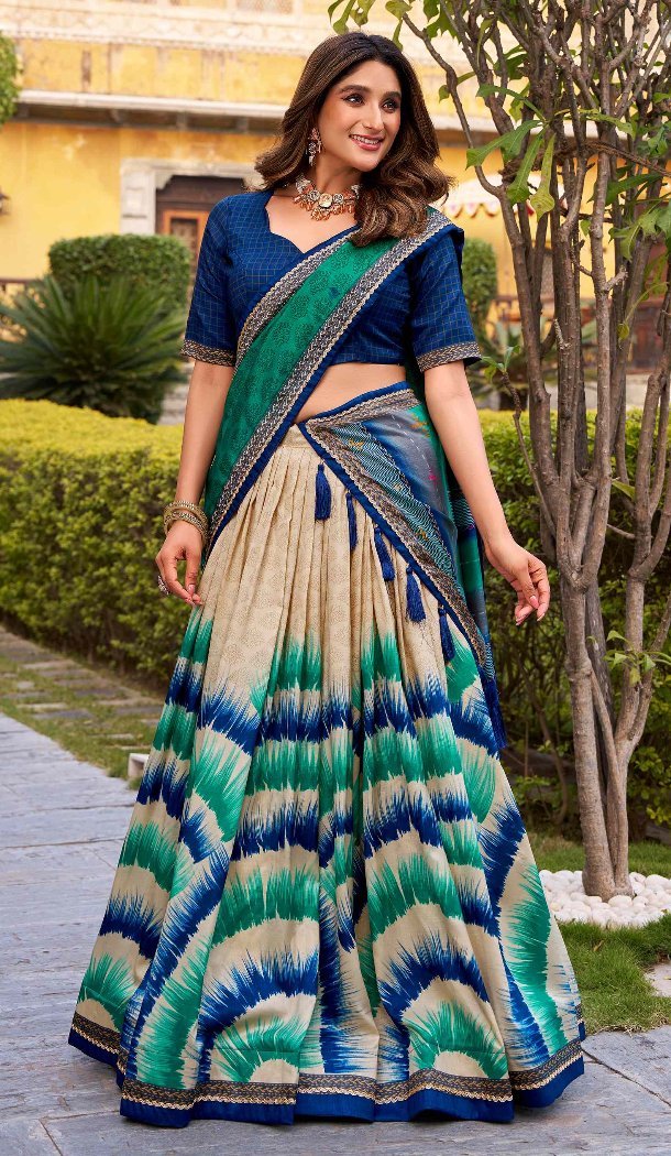 Blue Tussar Silk Print Lehenga Choli with Lace Work - 218300