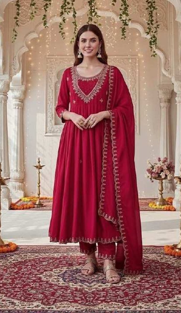 Pink Vichitra Silk Gown with Sequin Embroidery - 218309