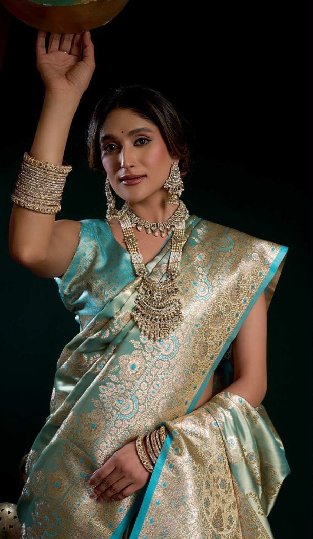 Sky Blue Satin Silk Saree with Jacquard Design - 218410