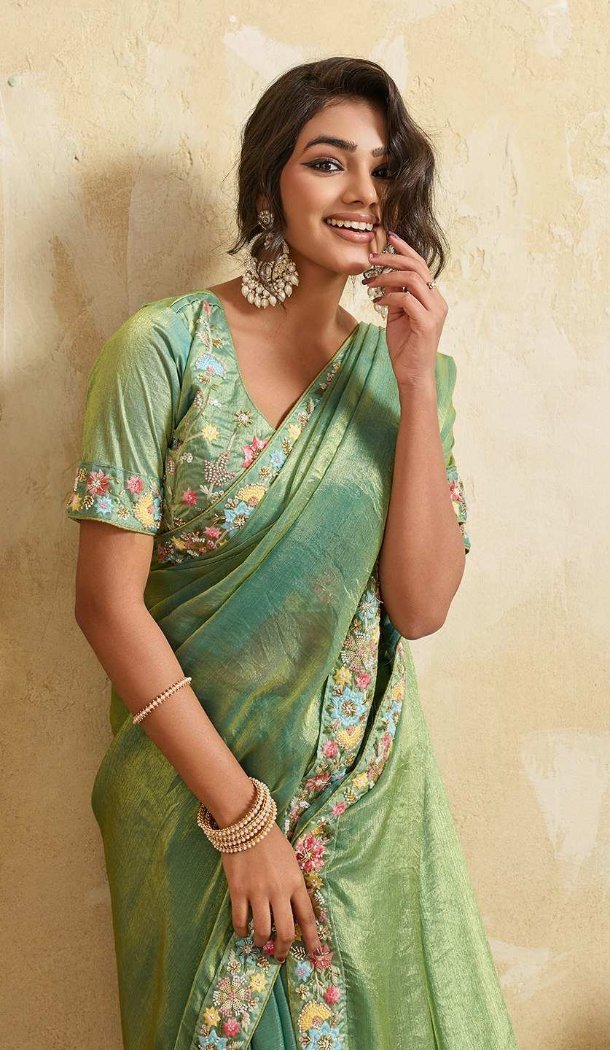 Sea Green Chiffon Embroidery Saree - 218463