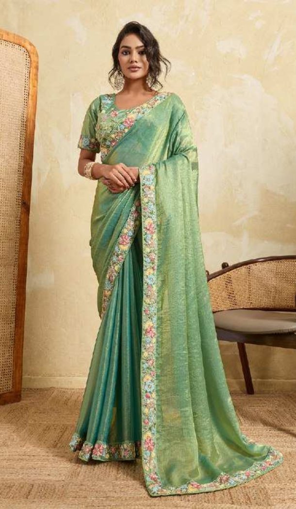 Sea Green Chiffon Embroidery Saree - 218463