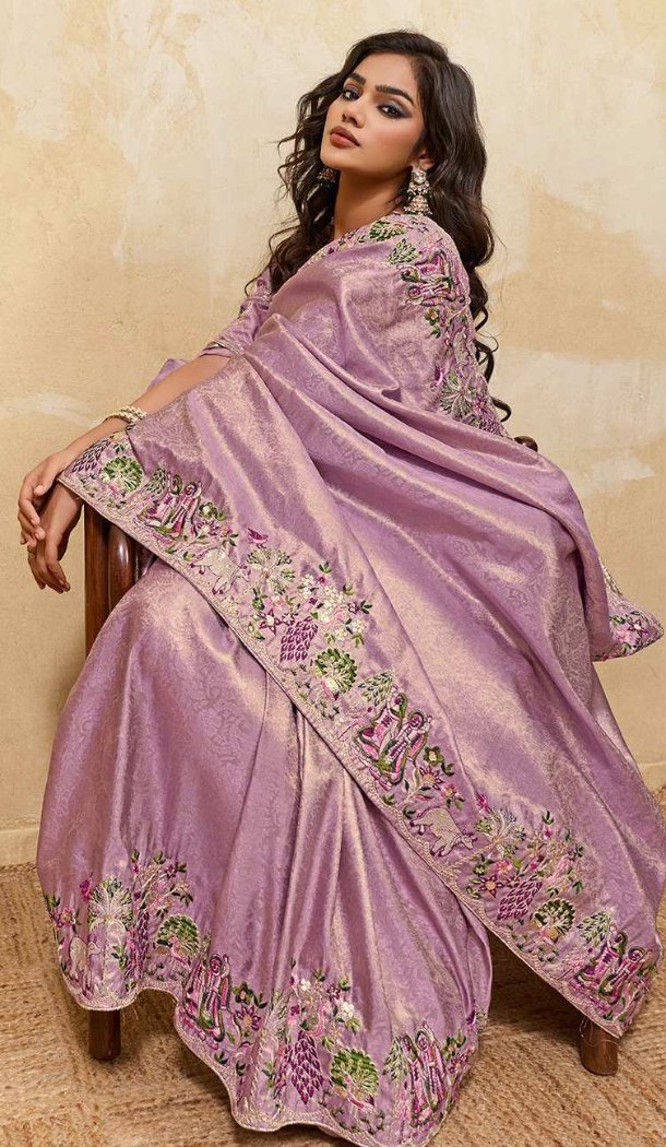 Lavender Beads Work Soft Kanjiwarm Silk Saree - 218542