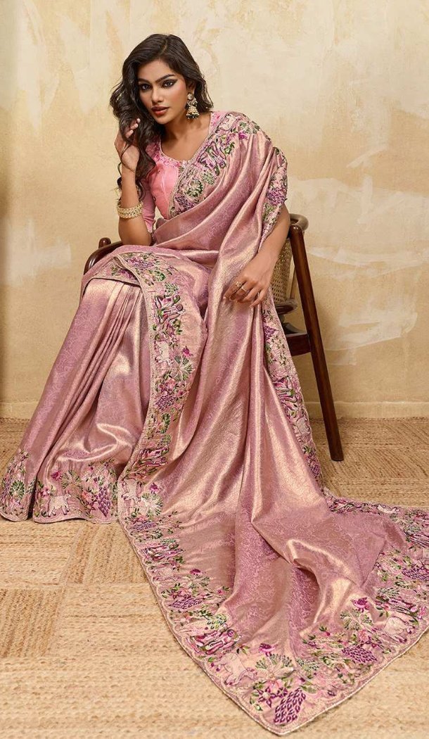 Pink Embroidery Work Silk Saree - 218543