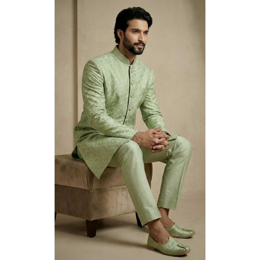 Shop Olive Green Designer Jacquard Indo Western Outfit - 218571