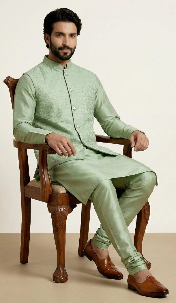 Buy Pista Banarasi Dhupion Silk Plus Size Kurta Pajama - 218582
