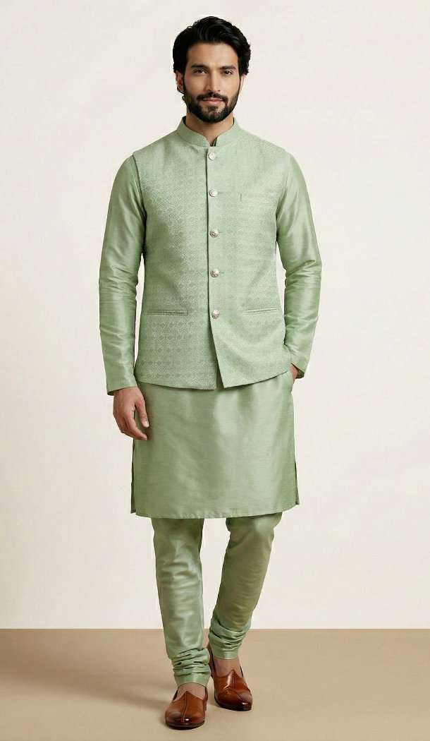 Buy Pista Banarasi Dhupion Silk Plus Size Kurta Pajama - 218582