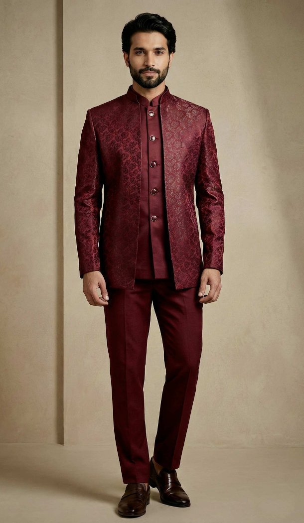 Dark Maroon Donier Jacquard Plus Size Wedding Sherwani - 218603