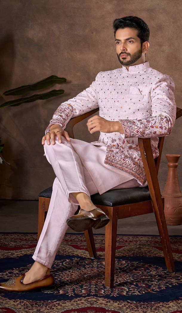 Men’s Light Pink Silk Indo Western - 218638