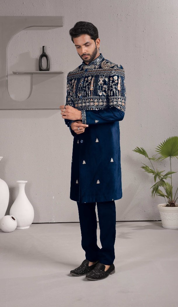 Men Blue Armani Indo Western Outfit - 218640
