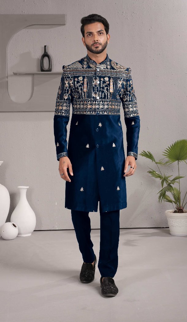 Men Blue Armani Indo Western Outfit - 218640