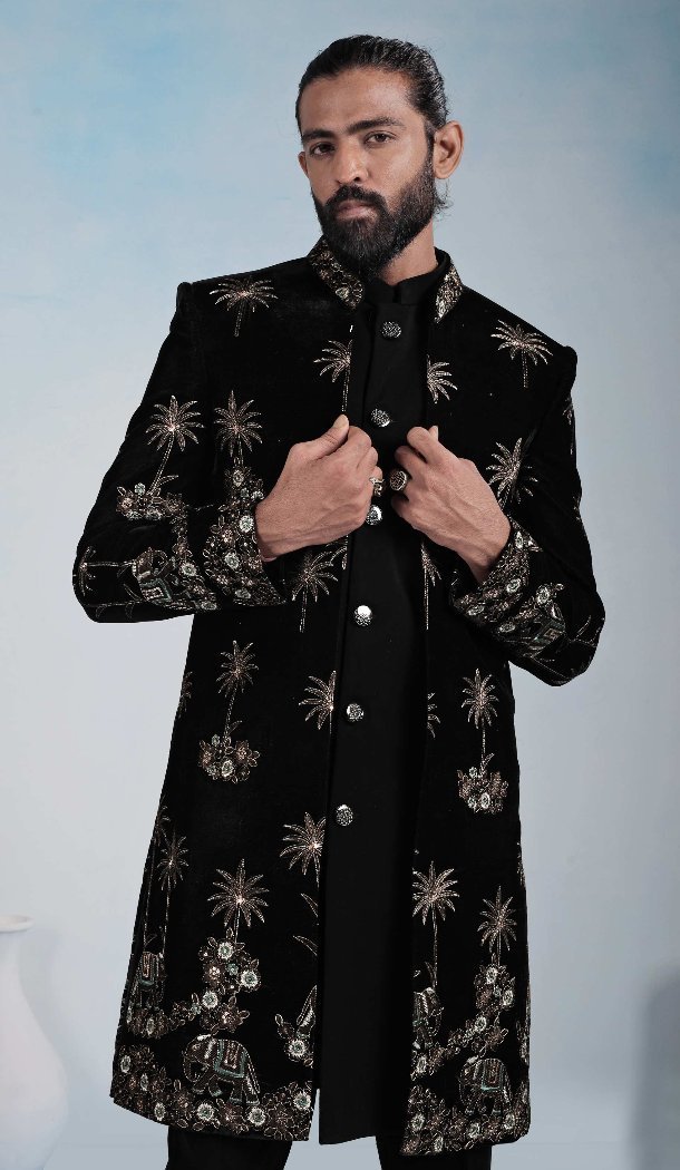 Velvet Indo Western for Men in Black - 218641