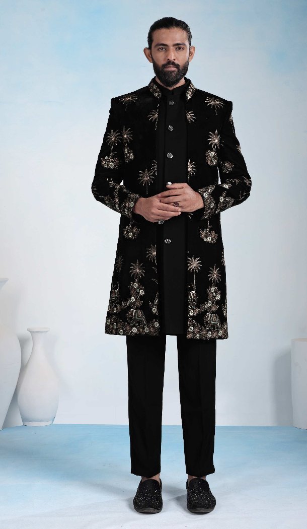 Velvet Indo Western for Men in Black - 218641