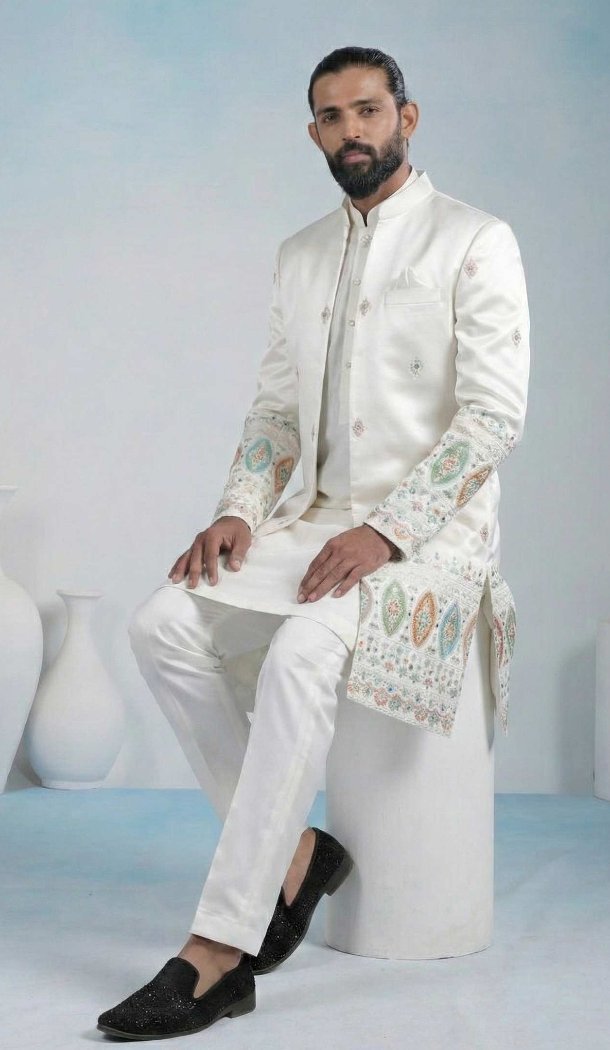 White Armani Satin Indo Western Suit - 218644