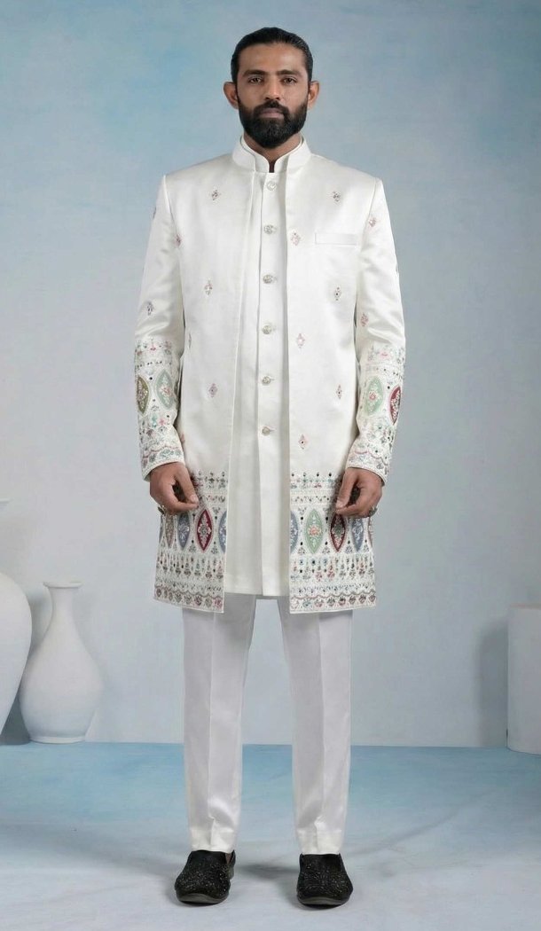 White Armani Satin Indo Western Suit - 218644
