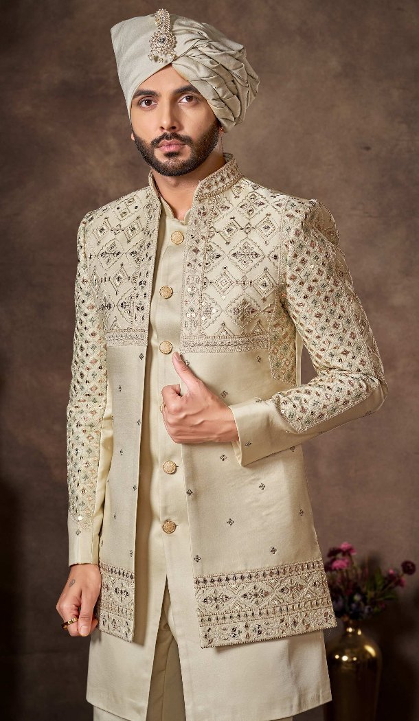 Cream Silk Indo Western for Men - 218645