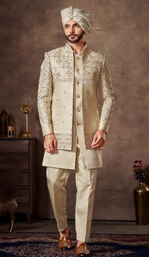 Cream Silk Indo Western for Men - 218645