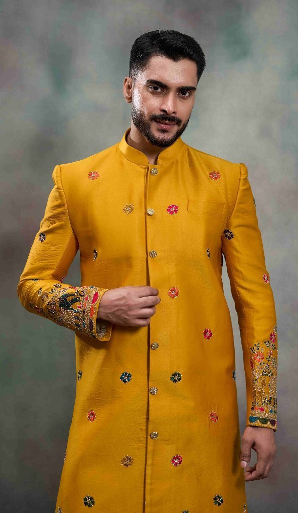 Mustard Silk Party Wear Indo Western - 218647