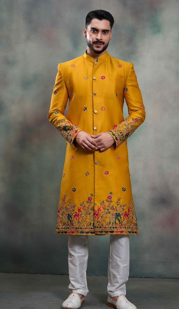 Mustard Silk Party Wear Indo Western - 218647