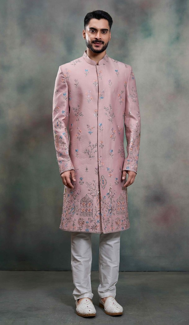 Pink Silk Ethnic Indo Western for Men - 218648