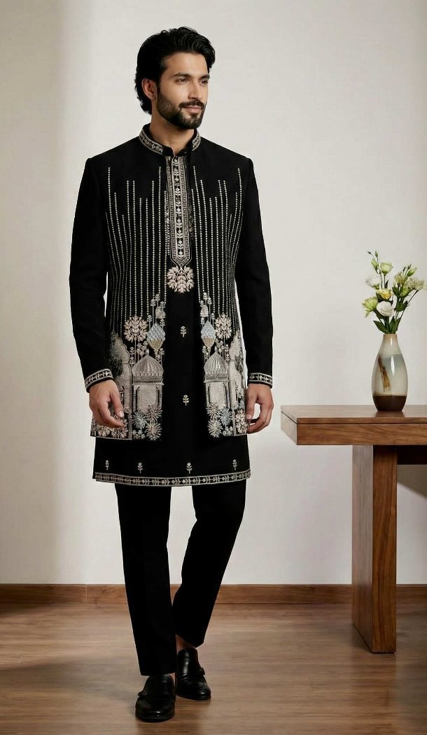 Men Black Doniyar Shatin Indo Western - 218649