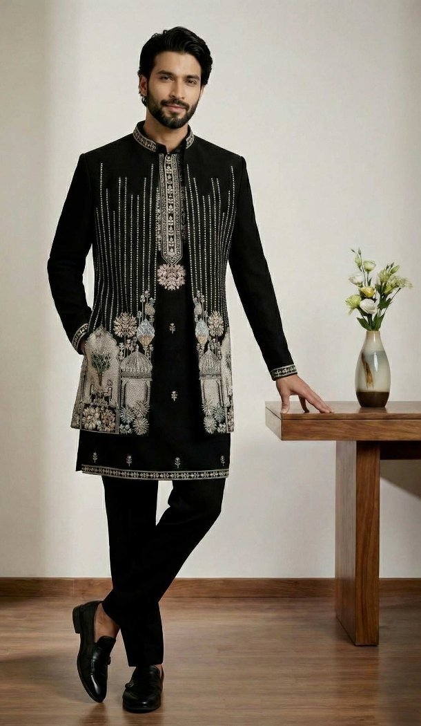 Men Black Doniyar Shatin Indo Western - 218649