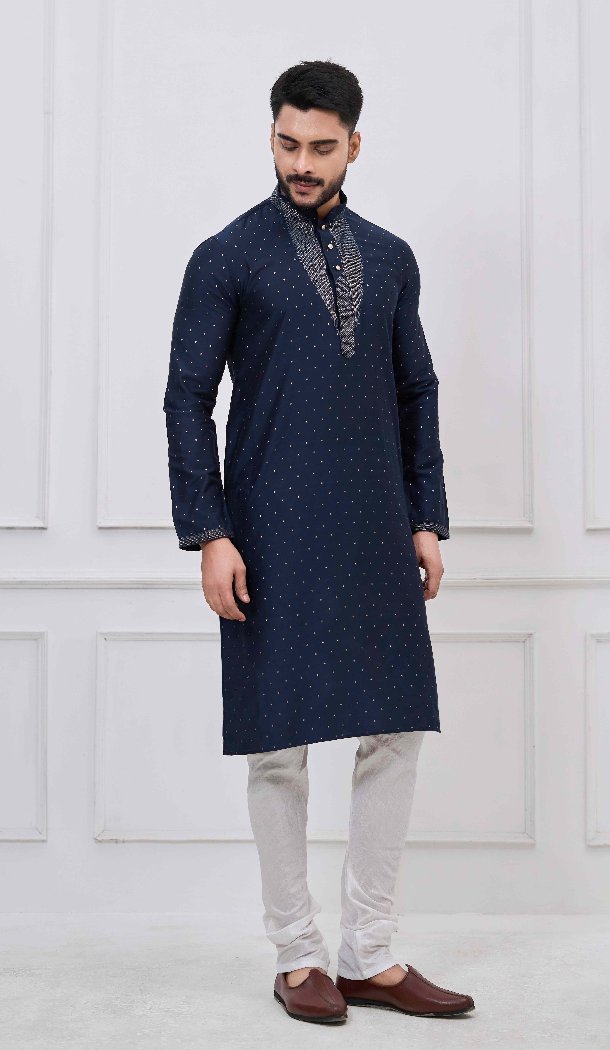 Men’s Navy Blue Silk Ethnic Kurta Set - 218662