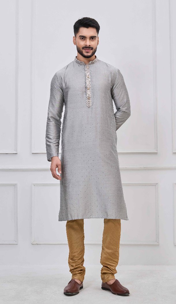 Premium Grey Silk Kurta Pajama for Men - 218665