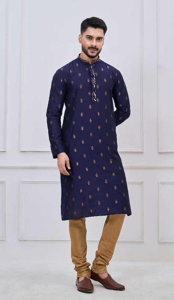 Designer Navy Blue Silk Kurta Pajama - 218668