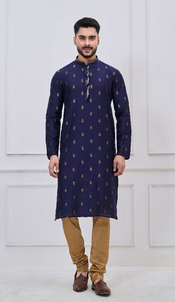 Designer Navy Blue Silk Kurta Pajama - 218668