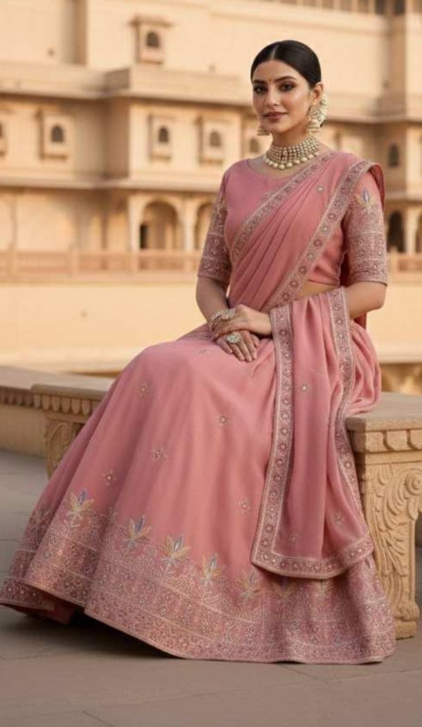 Pink Embroidery Work Georgette Lehenga Choli - 218737