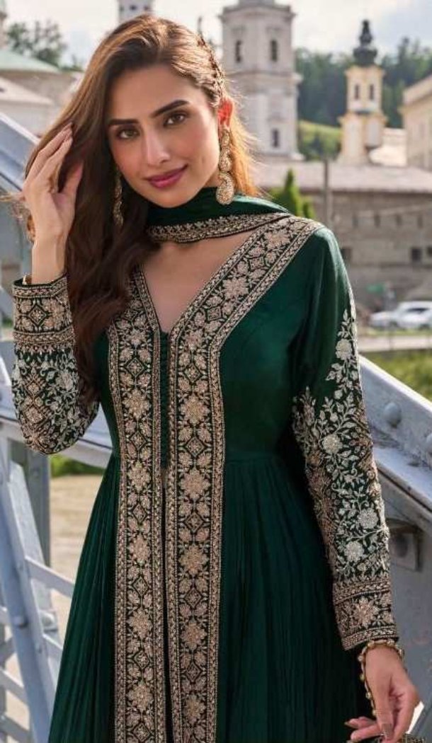 Bottle Green Chinon Anarkali Suit with Embroidery - 218769