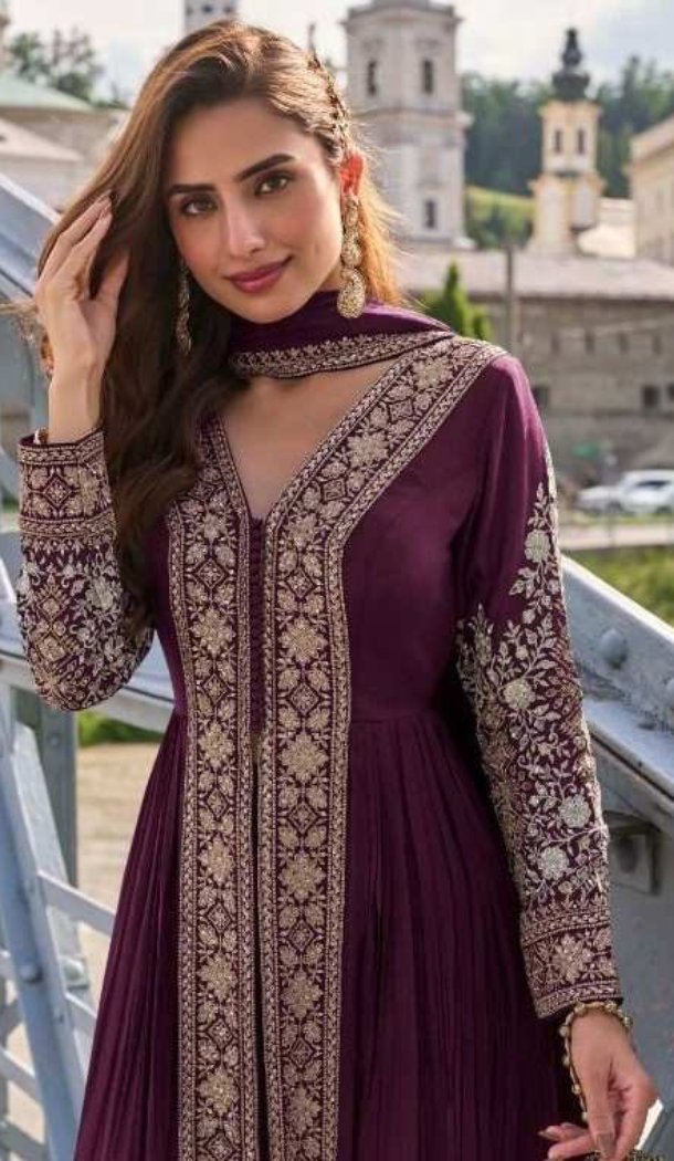 Wine Chinon Sequence Work Anarkali Suit - 218771