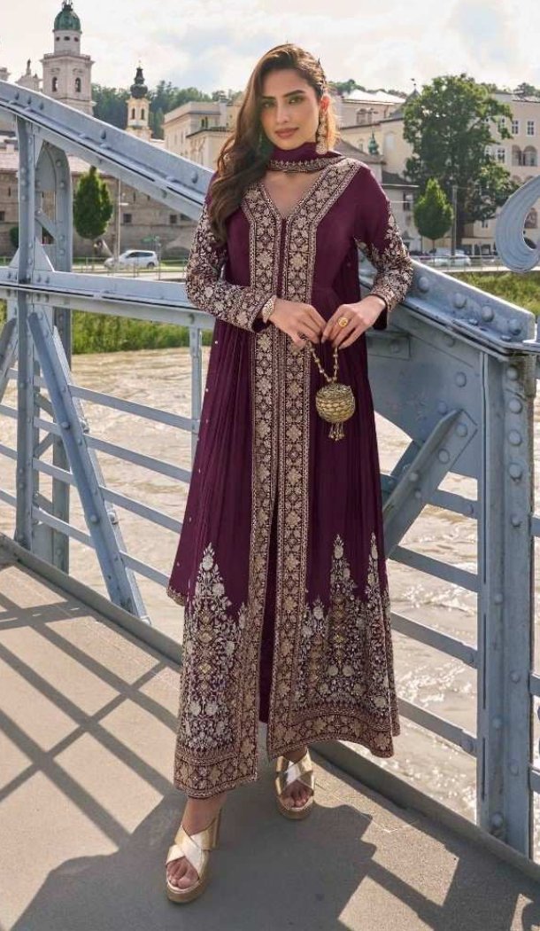 Wine Chinon Sequence Work Anarkali Suit - 218771