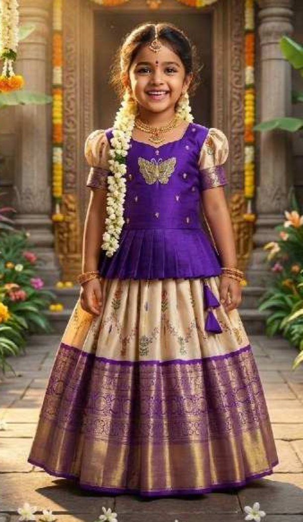 Cream Jacquard Digital Print Girl Lehenga Choli - 218802