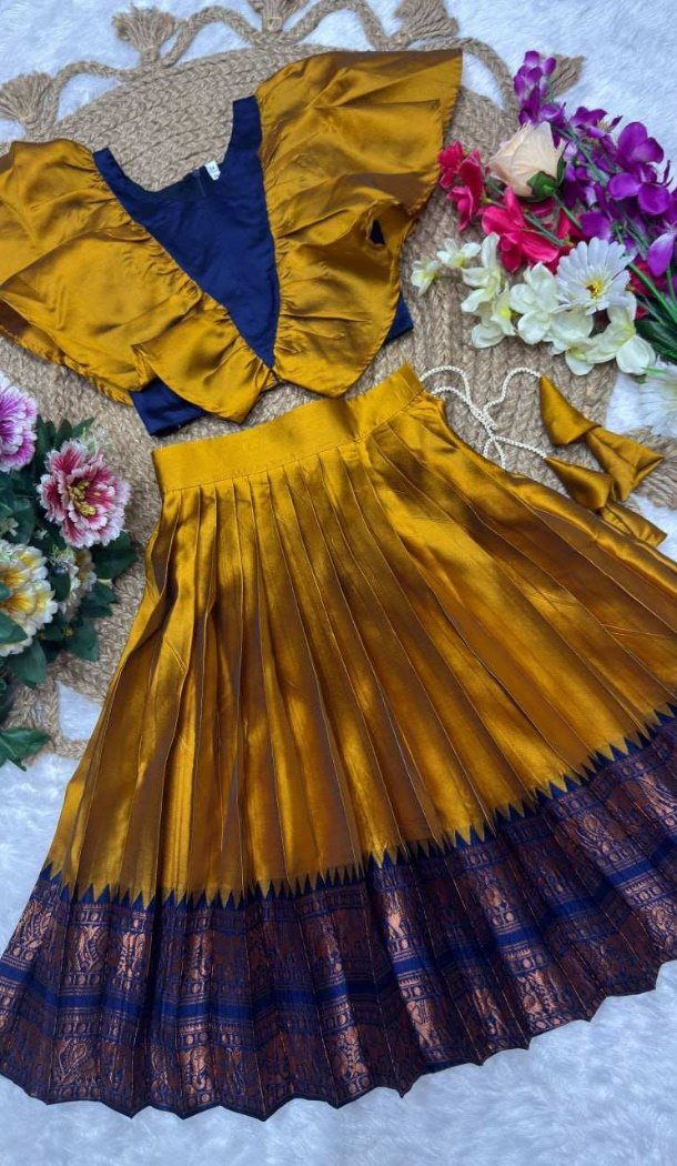Mustard Lichi Silk Jacquard Girl Lehenga - 218803