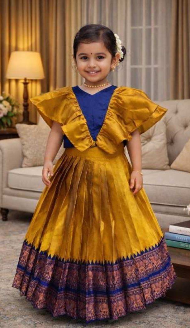Mustard Lichi Silk Jacquard Girl Lehenga - 218803