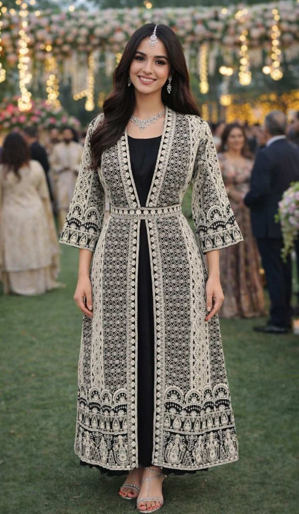 Elegant Black Chinon Silk Embroidery Gown - 219007