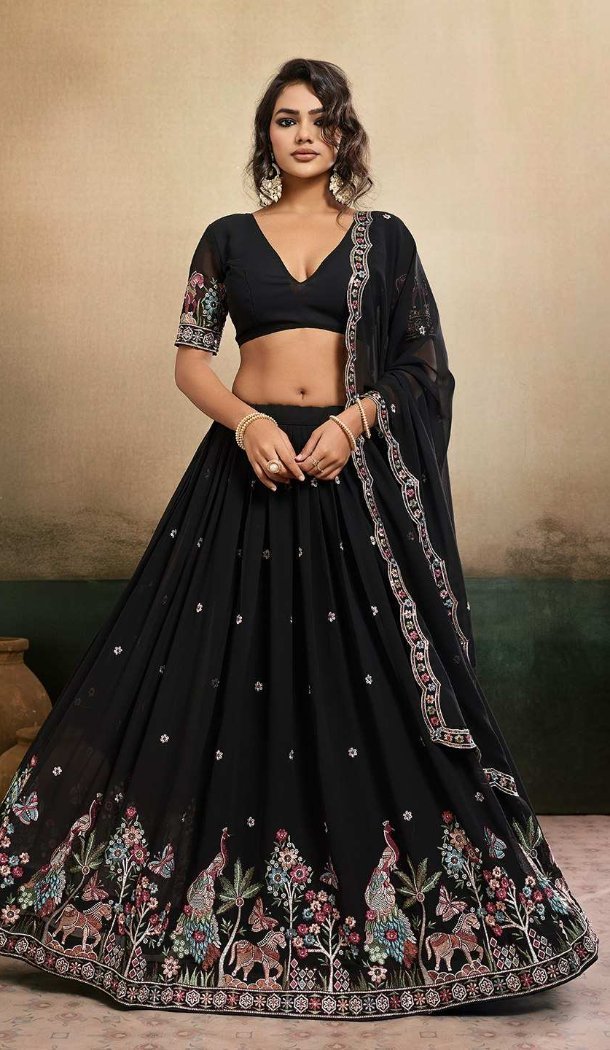 Stylish Black Georgette Embroidery Lehenga Choli - 219040