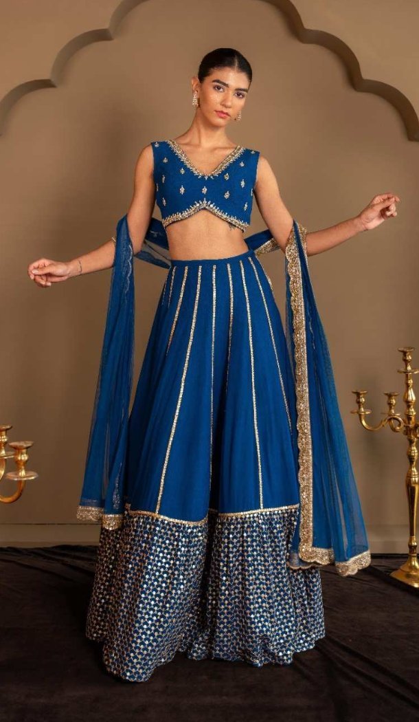 Blue Faux Georgette Zari Embroidery Lehenga Choli - 219094