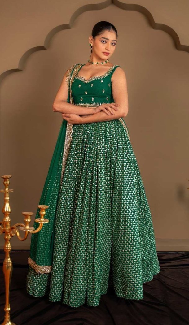 Green Faux Georgette Sequins Work Lehenga - 219095