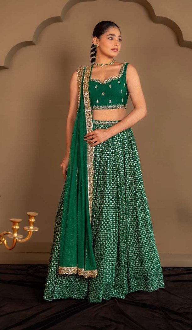 Green Faux Georgette Sequins Work Lehenga - 219095
