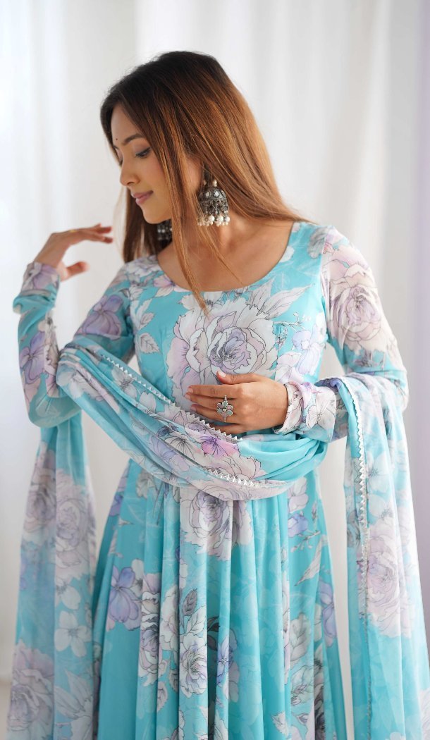 Sky Blue Faux Georgette Floral Print Anarkali Salwar Suit - 219191