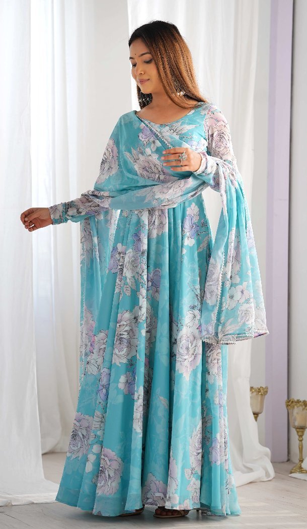 Sky Blue Faux Georgette Floral Print Anarkali Salwar Suit - 219191