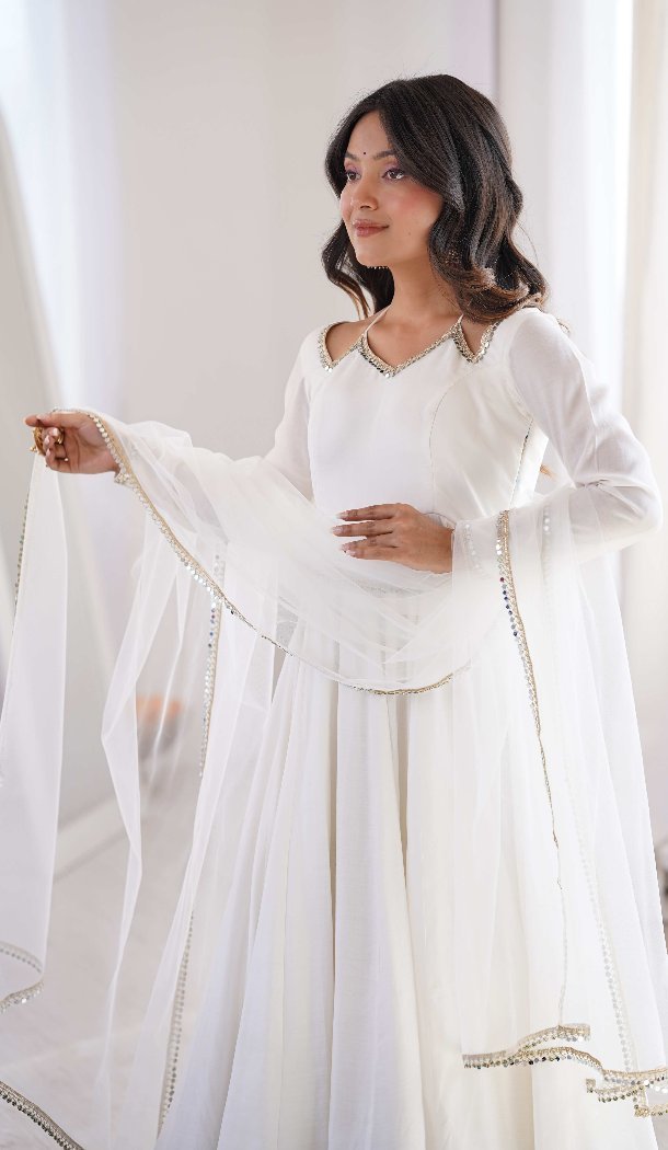 Off White Roman Silk Chanderi Anarkali Salwar Suit - 219192