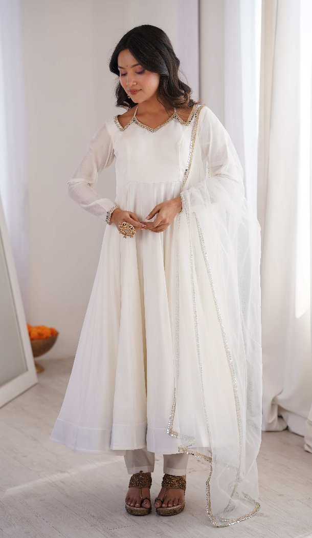 Off White Roman Silk Chanderi Anarkali Salwar Suit - 219192