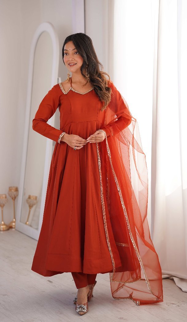 Rust Roman Silk Fancy Mirror Work Anarkali Salwar Suit - 219193