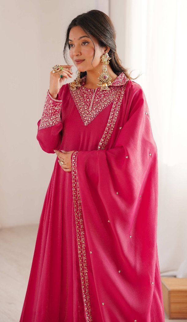Pink Roman Shimmer Embroidery Anarkali Salwar Suit - 219194