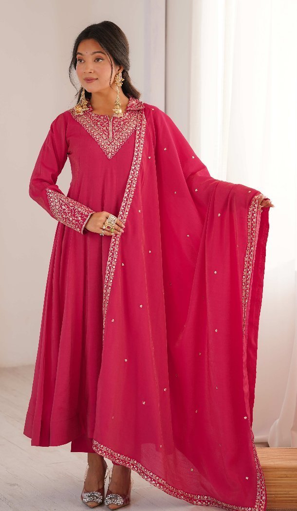 Pink Roman Shimmer Embroidery Anarkali Salwar Suit - 219194