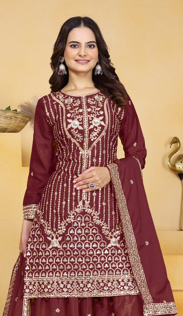 Maroon Natural Crepe Embroidery Party Wear Palazzo - 219199